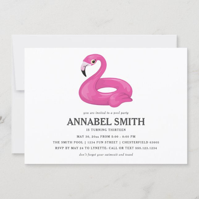Pink Flamingo Float Birthday Pool Party Invitation (Front)