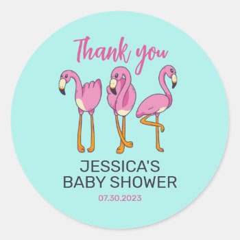 Pink Flamingo Flock Turquoise Blue Baby Shower Classic Round Sticker by raindwops at Zazzle