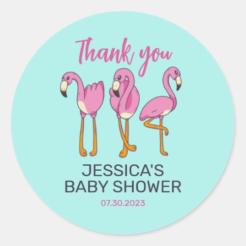 Pink Flamingo Flock Turquoise Blue Baby Shower Classic Round Sticker