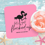 Pink Flamingo Flocked Up Tropical Birthday Square Paper Coaster<br><div class="desc">Get flocked up with your friends and family to celebrate your birthday! Fun,  festive paper drink coasters feature black typography with a flamingo holding a cocktail,  and a "let's get flocked up" caption on a cheerful pink background. Perfect for beach and tropical themed adult birthday parties.</div>