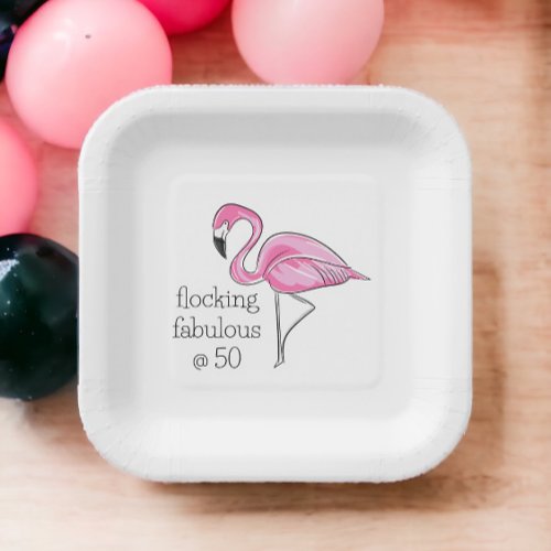 Pink Flamingo Flocking Fabulous at Fifty Paper Plates