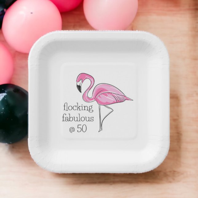 Pink Flamingo Flocking Fabulous at Fifty Paper Plates (Creator Uploaded)