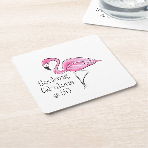 Pink Flamingo Flocking Fabulous at Fifty Square Paper Coaster