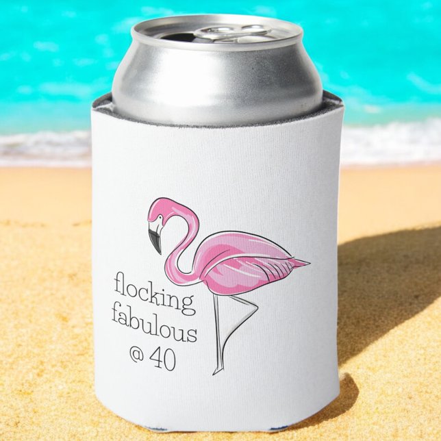 Pink Flamingo Flocking Fabulous at Forty Can Cooler (Creator Uploaded)