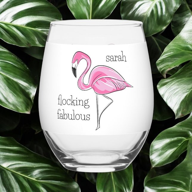 Pink Flamingo Flocking Fabulous Girl's Night Name Stemless Wine Glass (Creator Uploaded)