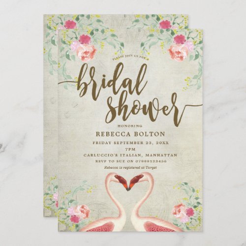 pink flamingo floral bridal shower invitation