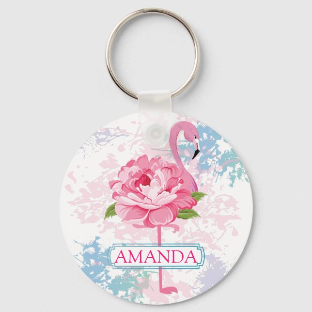 Pink flamingo Floral design Monogram Keychain (Front)