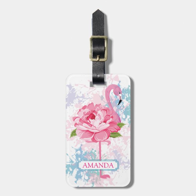 Pink flamingo Floral design Personalized Luggage Tag (Front Vertical)