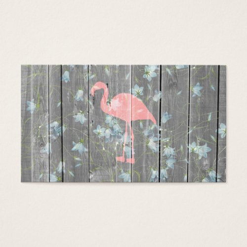 Pink Flamingo Floral Gray Rustic Wood Photo Print Business Card Templates