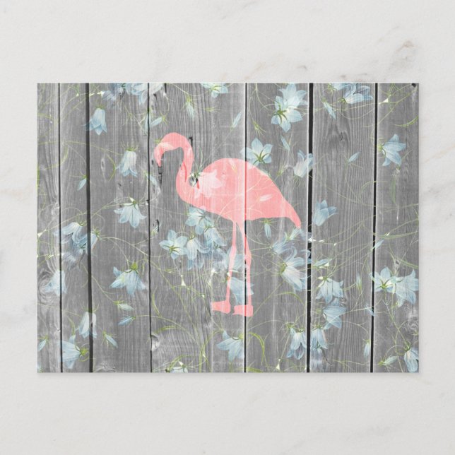 Pink Flamingo Floral Gray Rustic Wood Photo Print Postcard (Front)