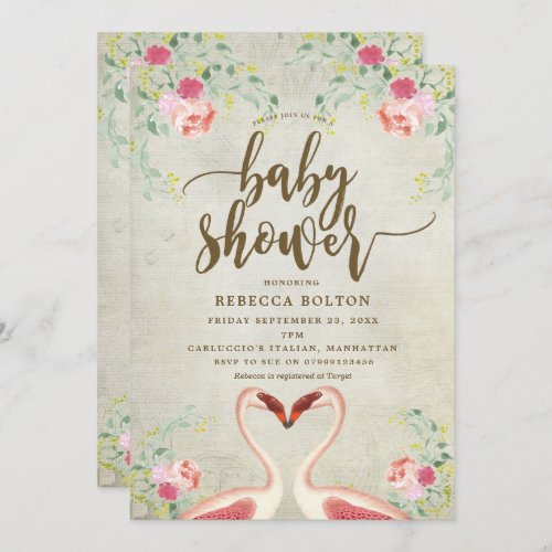 pink flamingo floral modern baby shower invitation