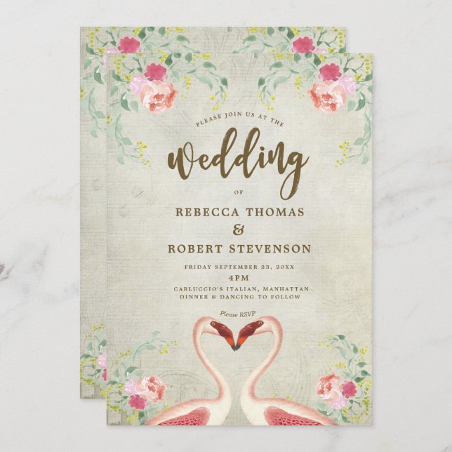 pink flamingo floral modern wedding invitation (Front/Back)