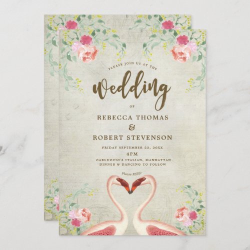 pink flamingo floral modern wedding invitation