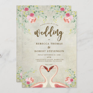 pink flamingo floral modern wedding invitation