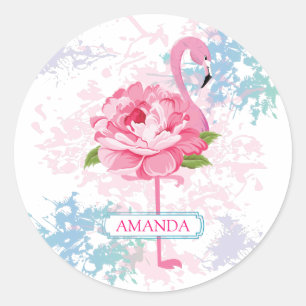 Pink flamingo Floral monogram design Classic Round Sticker