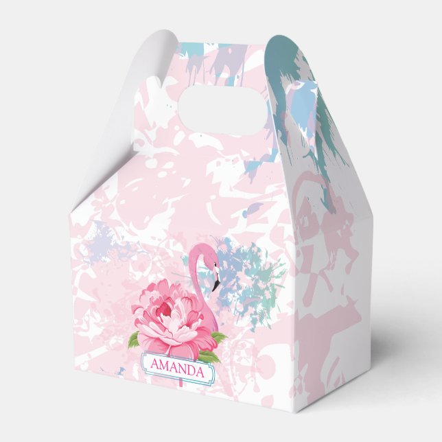 Pink flamingo Floral Monogram Favor Boxes (Front Side)