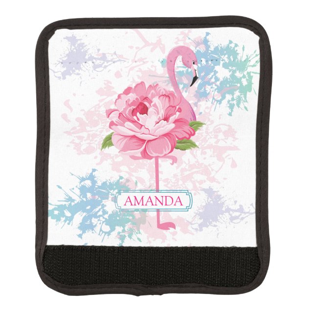 Pink flamingo Floral Personalzied design Luggage Handle Wrap (Front)