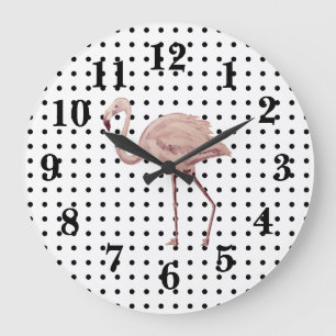 Pink Flamingo Florida Bird Painting Polka Dot Large Clock