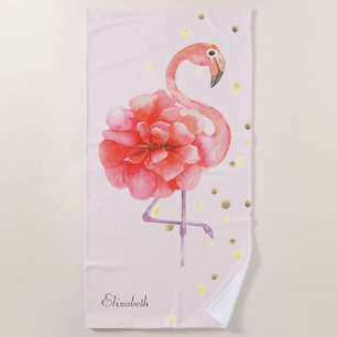 Pink Flamingo Flower,Gold Confetti Beach Towel