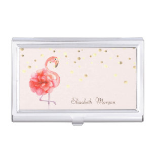 Pink Flamingo Flower,Gold Confetti Business Card Case
