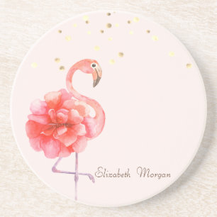 Pink Flamingo Flower,Gold Confetti Coaster