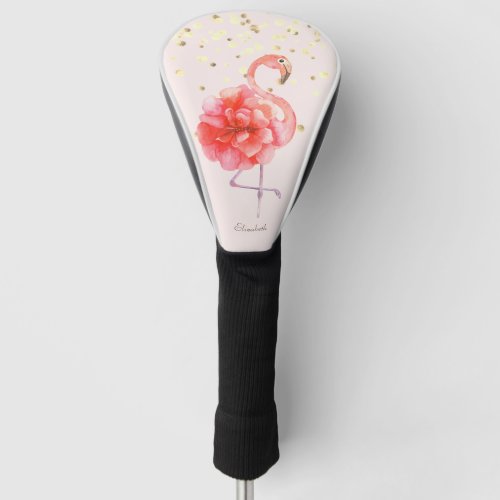 Pink Flamingo FlowerGold Confetti      Golf Head Cover