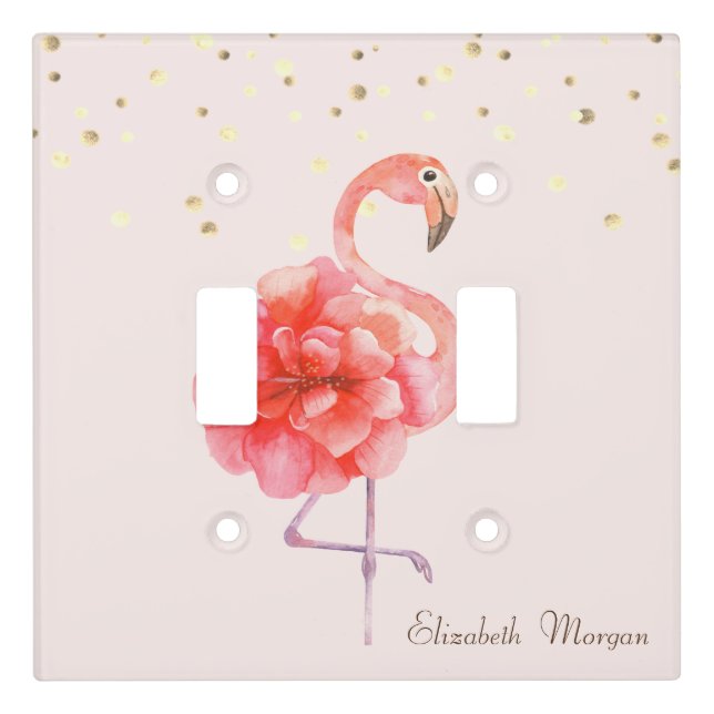 Pink Flamingo Flower,Gold Confetti    Light Switch Cover (Front)