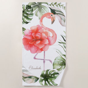 Pink Flamingo Flower,Gold Confetti Palm Leaf Beach Towel