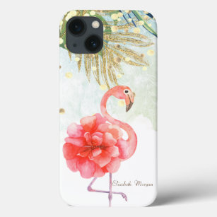 Pink Flamingo Flower,Gold Confetti Palm Leaf iPhone 13 Case