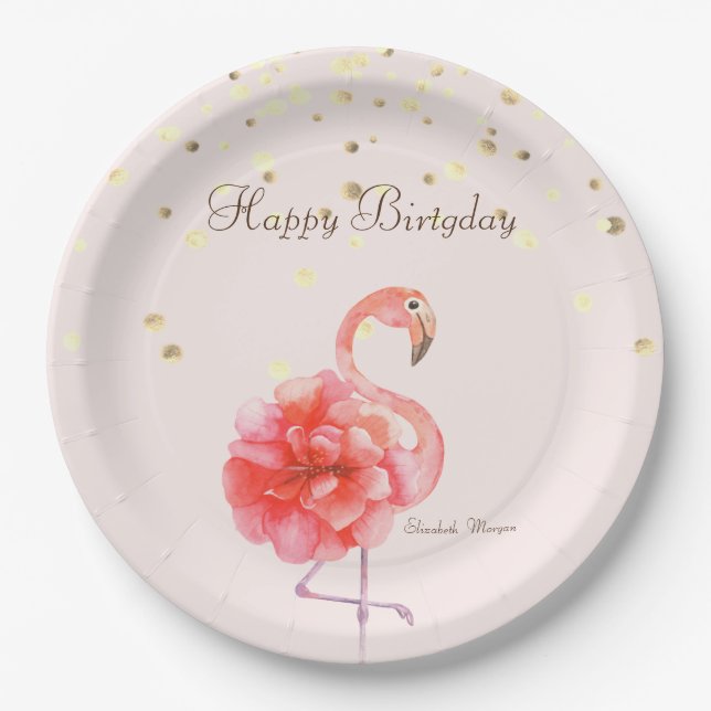 Pink Flamingo Flower,Gold Confetti   Paper Plates (Front)