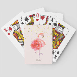 Pink Flamingo Flower,Gold Confetti Poker Cards