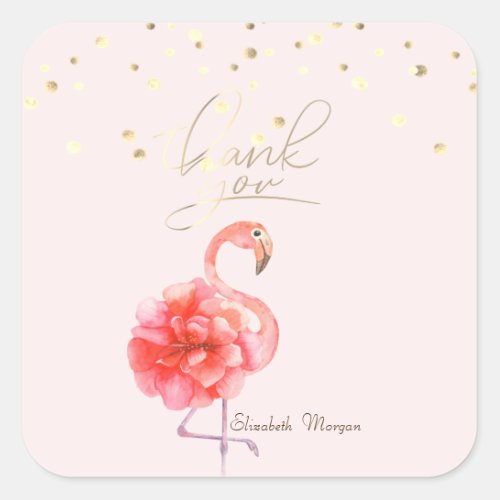 Pink Flamingo FlowerGold Confetti Thank You Square Sticker