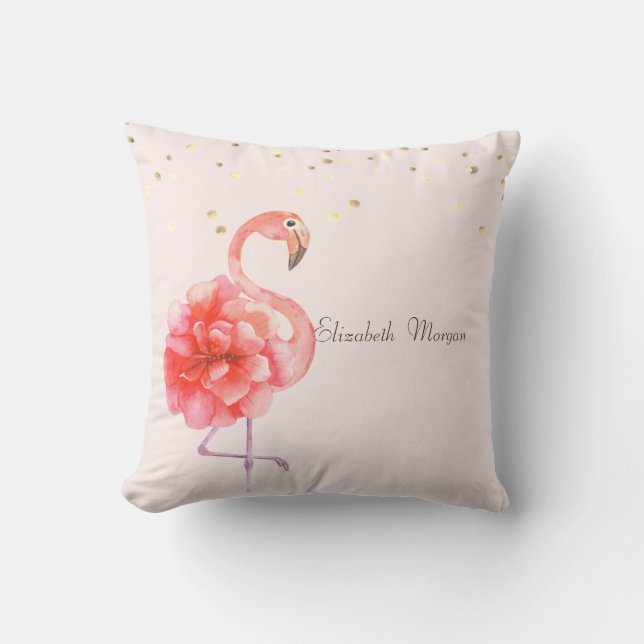 Pink Flamingo Flower,Gold Confetti Throw Pillow (Front)
