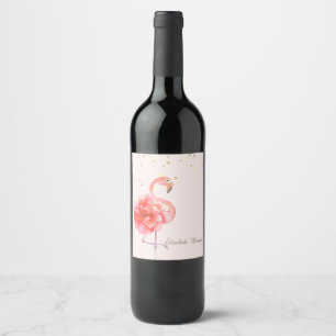 Pink Flamingo Flower,Gold Confetti Wine Label