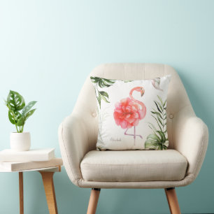 Pink Flamingo Flower, Palm Leaf Throw Pillow