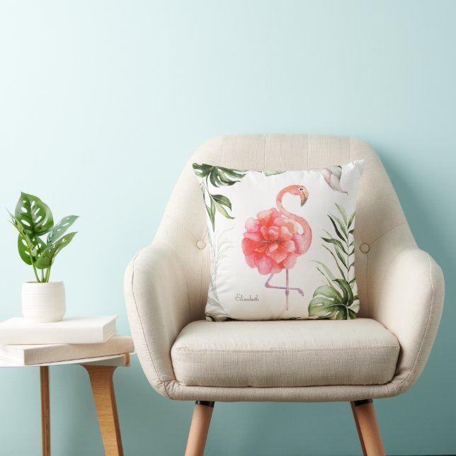 Pink Flamingo Flower, Palm Leaf Throw Pillow (Chair)
