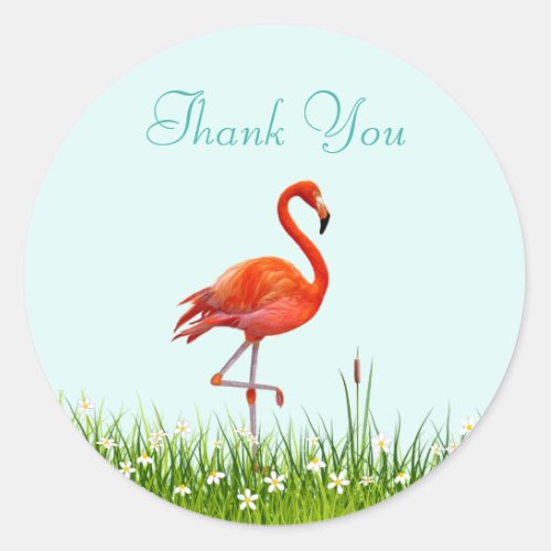 Pink Flamingo  Flowers Thank You Classic Round Sticker