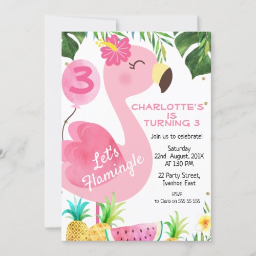 Pink Flamingo Foliage Fruit Flamingle Birthday Invitation