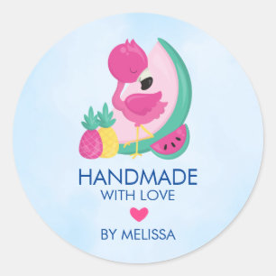 Pink Flamingo & Fruits Handmade with Love Classic Round Sticker