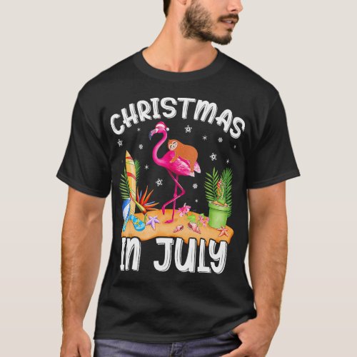 Pink Flamingo Funny Sloth Christmas In July T_Shirt