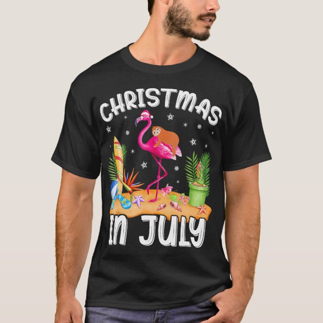 Pink Flamingo Funny Sloth Christmas In July T-Shirt (Front)