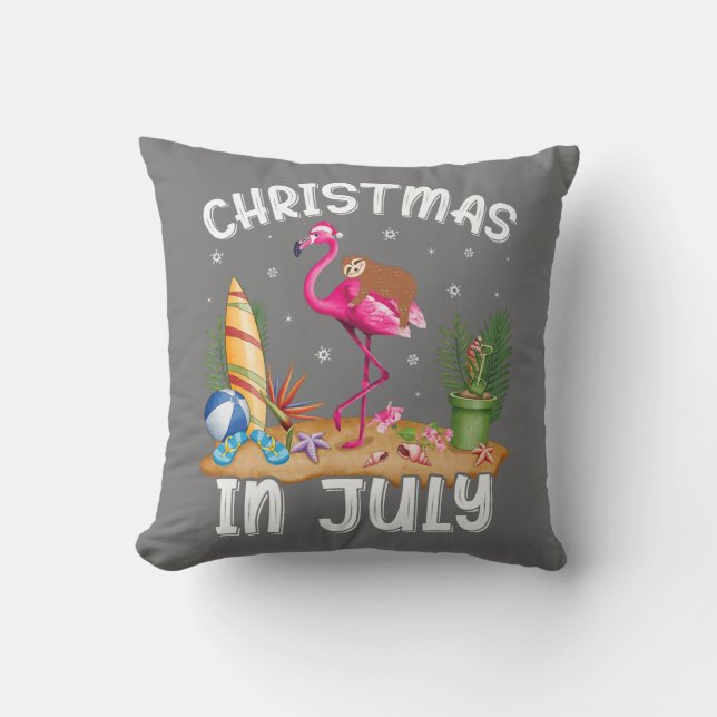 Pink Flamingo Funny Sloth Christmas In July Throw Pillow (Front)