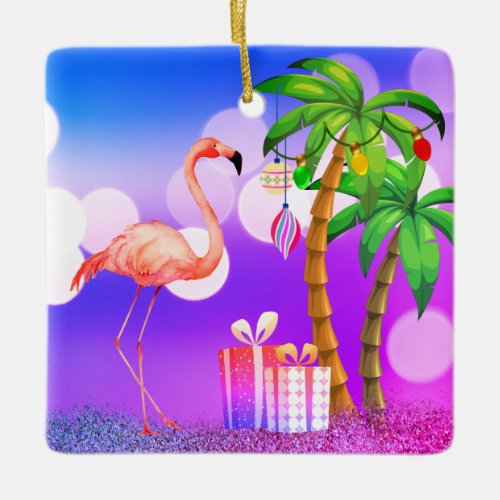 Pink Flamingo Gifts and Palm Tree Beach Christmas Ceramic Ornament