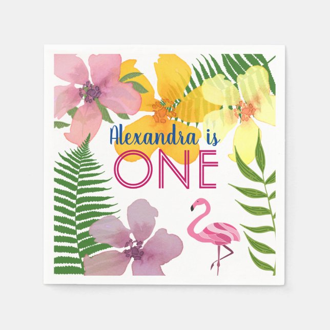 Pink Flamingo Girl 1st Birthday Napkins (Front)