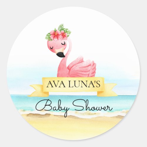Pink Flamingo Girl Baby Shower Classic Round Sticker