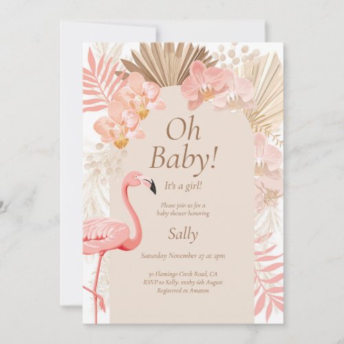 Pink flamingo girl baby shower invitation