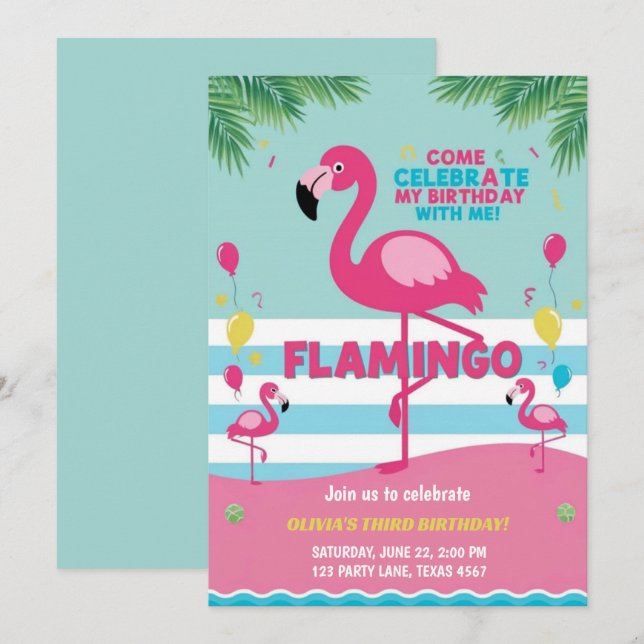 Pink Flamingo Girl Birthday  Invitation (Front/Back)