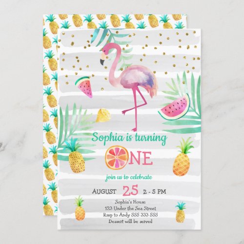Pink Flamingo Girl First Birthday Tropical Summer Invitation