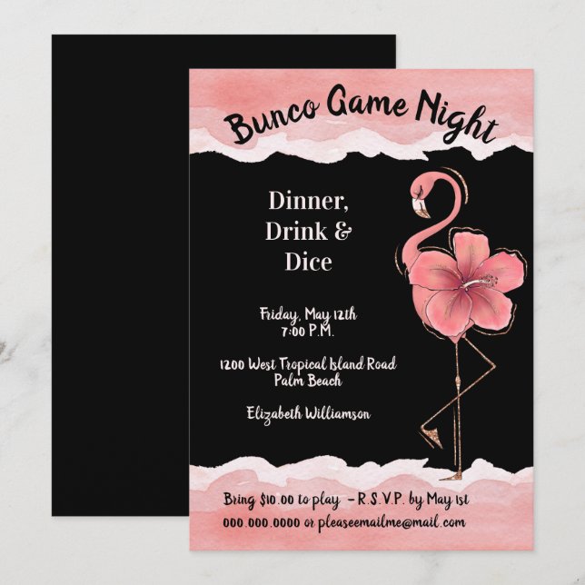 Pink Flamingo Girls Night Bunco Invitation (Front/Back)