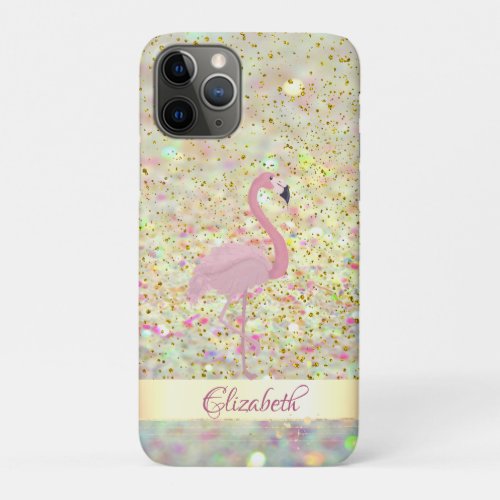 Pink Flamingo  Glitter Bokeh Confetti iPhone 11 Pro Case